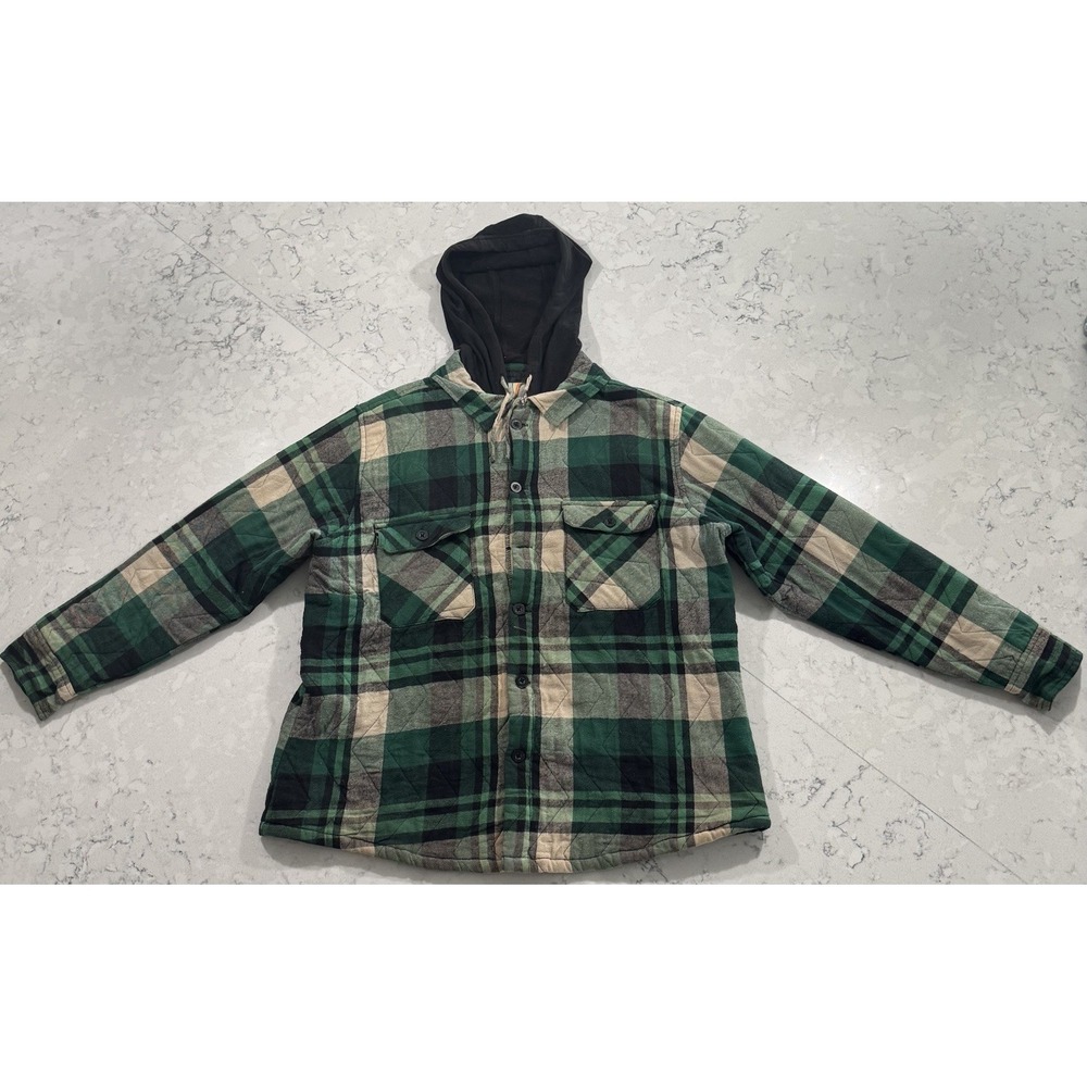 VTG Y2K Ocean Pacific OP Hooded Flannel Shirt Jacket Mens XL Green Plaid Quilted